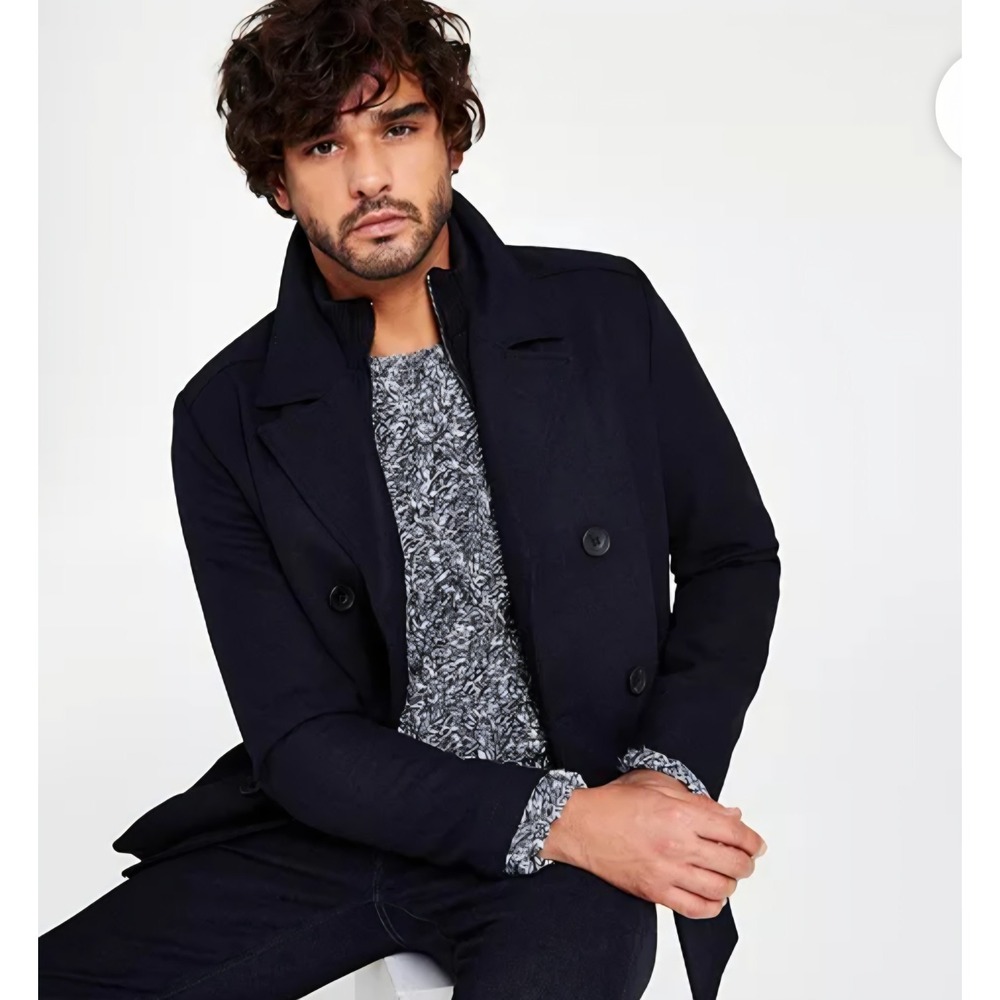 Kenneth Cole New York Mens Double Breasted Pea Coat Remove Bib Navy XL NEW! $250